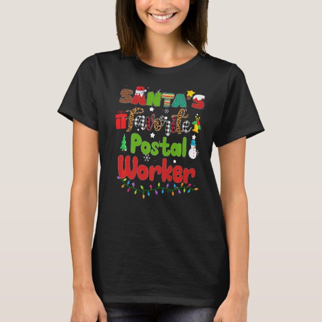 Santa's Favourite Postal Worker Leopard Plaid Chri T-Shirt (Front)