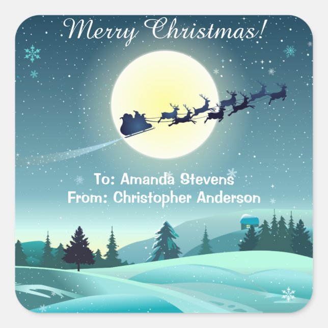 Santa's Flying Reindeer Sleigh Square Sticker (Front)