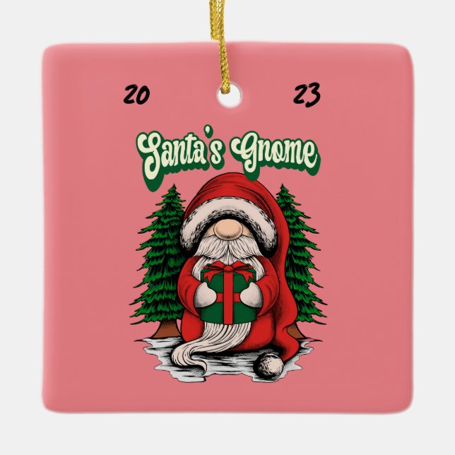 Santa's Gnome Ceramic Ornament (Front)