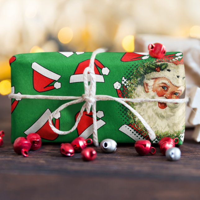 Santas Hat Pattern Red And White Custom Picture Wrapping Paper Sheet (Creator Uploaded)
