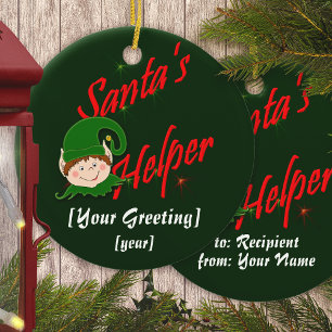 Santa's Helper Cute Elf Personalised Christmas Ceramic Tree Decoration
