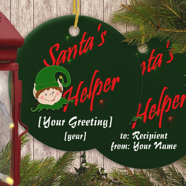 Santa's Helper Cute Elf Personalised Christmas Ceramic Tree Decoration (Creator Uploaded)