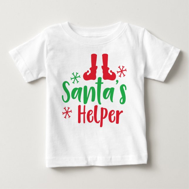 Santa's Helper, Elf Shoes, Snowflakes, Christmas Baby T-Shirt (Front)