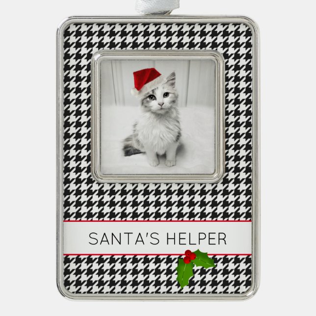 SANTA'S HELPER Holiday Pet Photo Holly Festive Silver Plated Framed Ornament (Front)