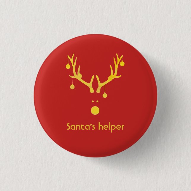 Santas helper modern reindeer head on red 3 cm round badge (Front)