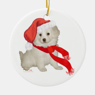 Santa's Helper Puppy Poodle / Bichon Mix Ceramic Tree Decoration