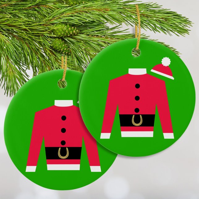 Santa's Jockey Racing Silks Round Circle Ornament (Santa Claus jockey silks in bright read on green with a fluffy pompom. Round Christmas Ornament.)