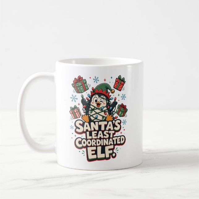 Santa's Least Coordinated Elf Funny Penguin Gift Coffee Mug (Left)