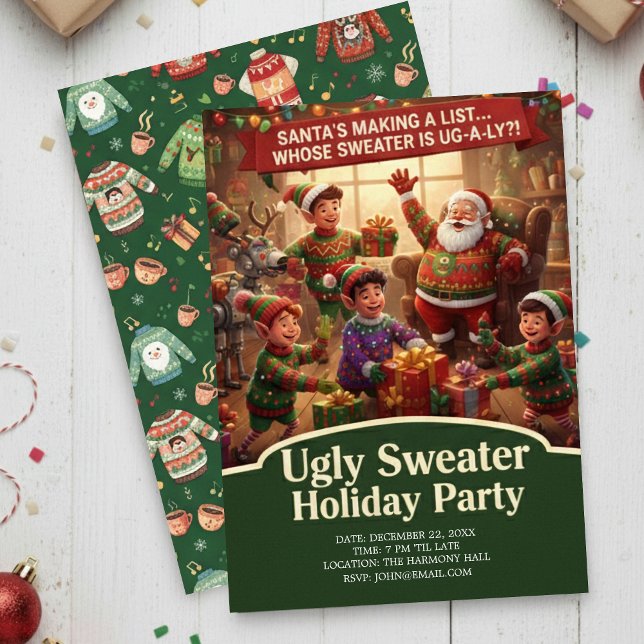 Santa's List Ugly Sweater Holiday Party Dramatic  Invitation (Creator Uploaded)
