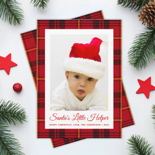 Santa's Little Helper Red Tartan Plaid Baby Photo Holiday Card