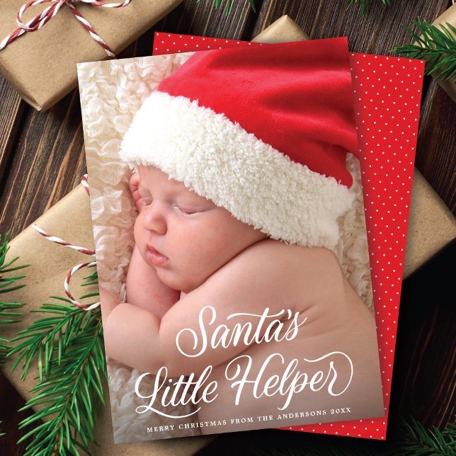 Santa's Little Helper Script Baby Christmas Photo  Holiday Card (Creator Uploaded)
