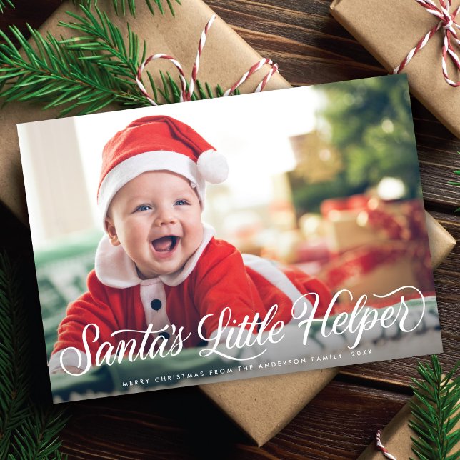 Santa's Little Helper Script Baby Christmas Photo Holiday Card (Creator Uploaded)