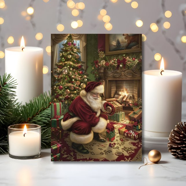Santa's Magical Christmas Delivery  Card (Santa delivers gifts by firelight in this nostalgic Christmas greeting card)
