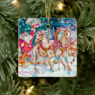 Santa's Magical Horse Sleigh Snow Christmas Night Ceramic Ornament