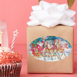 Santa's Magical Horse Sleigh Snow Christmas Night  Oval Sticker