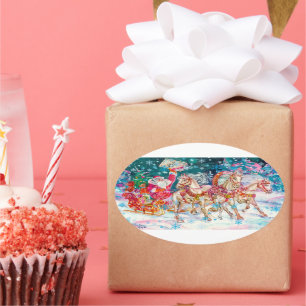 Santa's Magical Horse Sleigh Snow Christmas Night Oval Sticker