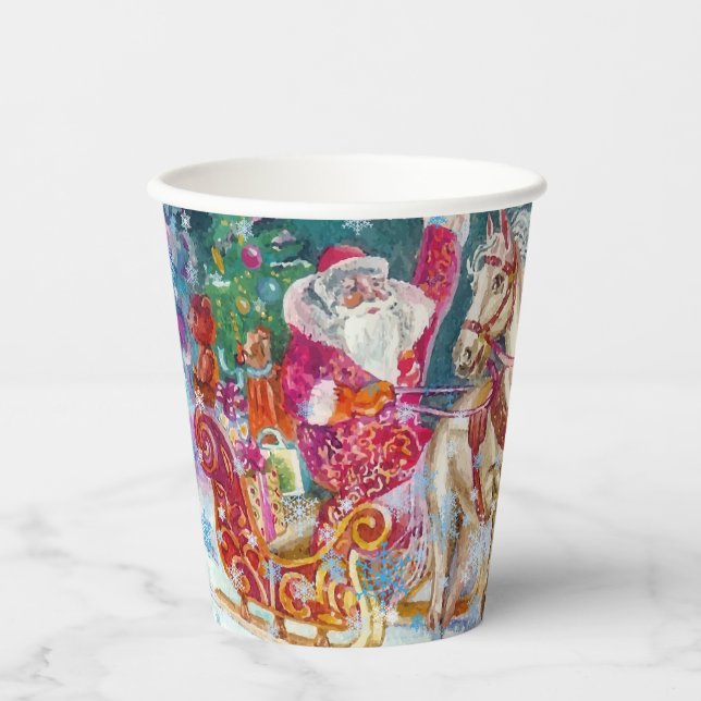 Santa's Magical Horse Sleigh Snow Christmas Night  Paper Cups (Front)