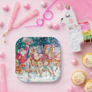 Santa's Magical Horse Sleigh Snow Christmas Night Paper Plate