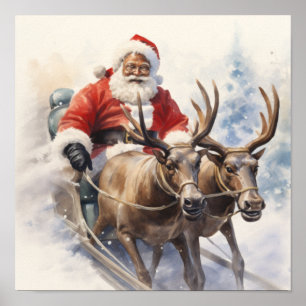 "Santa's Merry Sled Team" African American Santa  Poster
