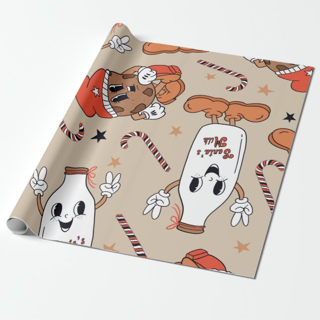 Santa's Milk & Cookies Fun Pattern Wrapping Paper (Unrolled)