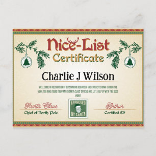 Santa's Nice List Certificate. Editable name. Holiday Postcard