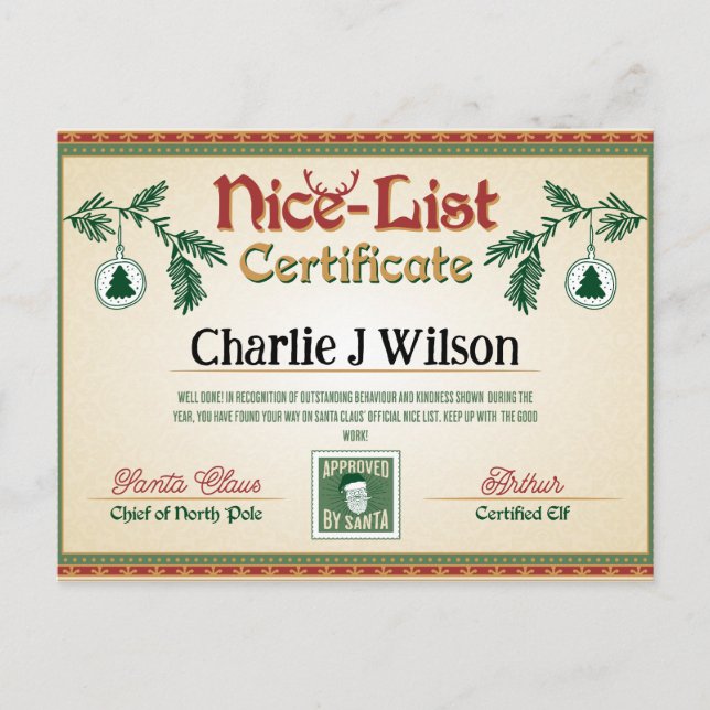 Santa's Nice List Certificate. Editable name. Holiday Postcard (Front)