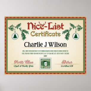 Santa's Nice List Certificate. Editable name. Poster
