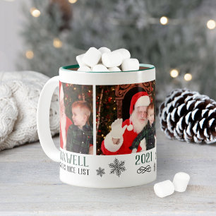 Santa's Nice List Green Holiday Photo Collage Two-Tone Coffee Mug
