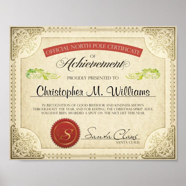 Santa's Nice List Personalised Certificate, Letter Poster (Front)