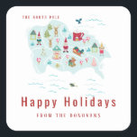 Santa's North Pole Village Map Christmas Square Sticker<br><div class="desc">Cute and colourful cartoon style map of Santa's North Pole Village,  Christmas sticker. Map design features,  Santa,  elves,  reindeer,  trees,  candy pops,  cute buildings and sleigh. Two text line template spaces for your greeting and name.</div>