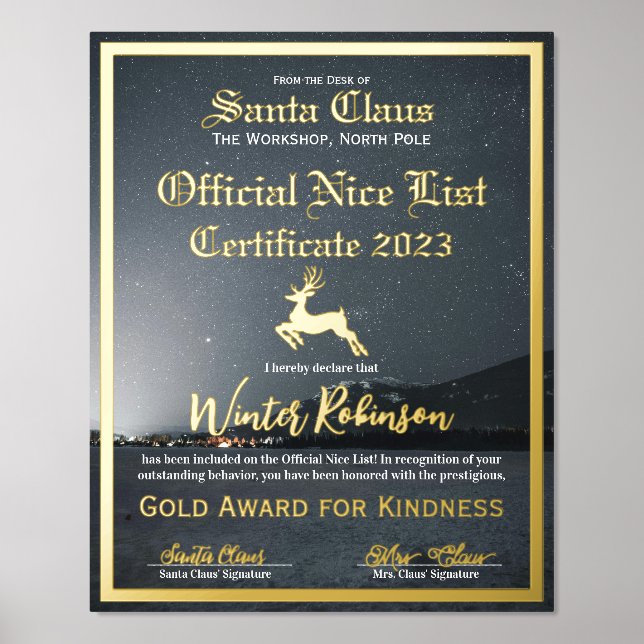 Santa's Official Nice List Certificate Foil Print (Front)