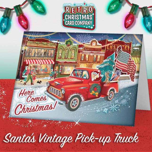 Santas Pick-up Truck + USA Flag Christmas Cards (Santa's Vintage Camper - All American Christmas Card)