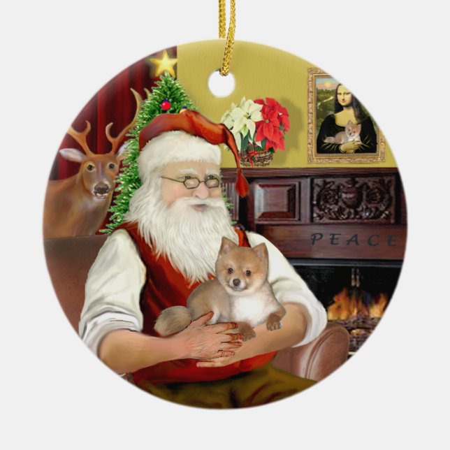 Santa's Pomeranian (R) Ceramic Tree Decoration (Front)