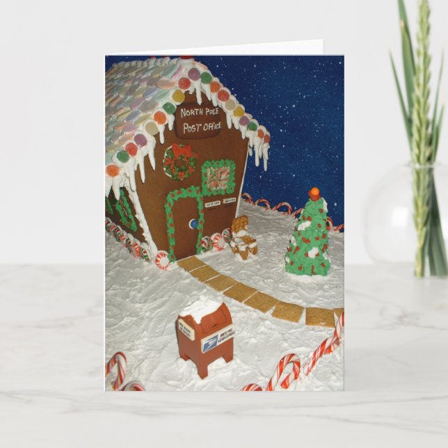 santas post office gingerbread house holiday card (Front)