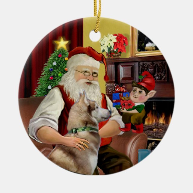 Santa's Red Siberian Husky Ceramic Tree Decoration (Front)