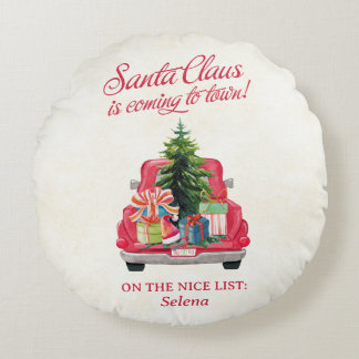 Santa's Red Truck Nice List Round Cushion