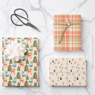 Santa's Reindeer, Alpine Skiers on Holiday, Plaid Wrapping Paper Sheet