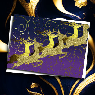 Santa's Reindeer Purple Navy Blue Gold Holiday Card
