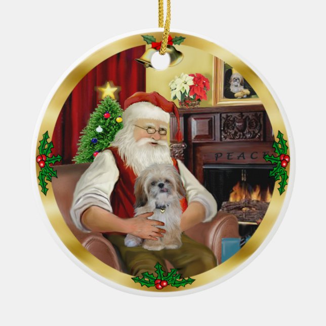 Santa's Shih Tzu (#17) Ceramic Tree Decoration (Front)