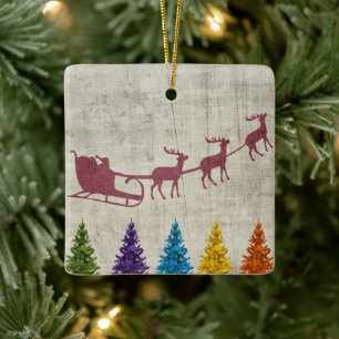 Santa's Sleigh and Colorful Trees Ceramic Ornament