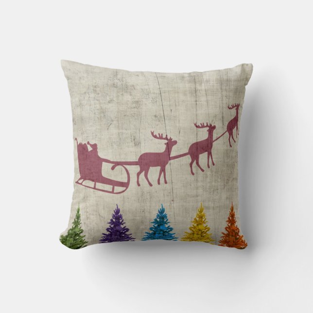 Santa's Sleigh and Colourful Trees Cushion (Front)