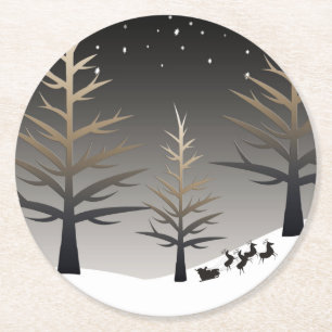 Santa's Sleigh and Tree Silhouette Round Paper Coaster