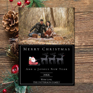 Santa's Sleigh Christmas Photo Black Holiday Card