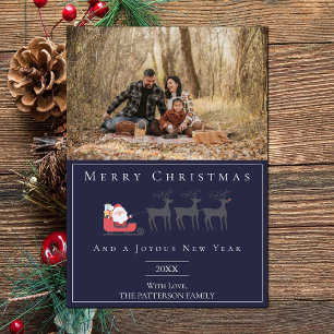 Santa's Sleigh Christmas Photo Blue Holiday Card