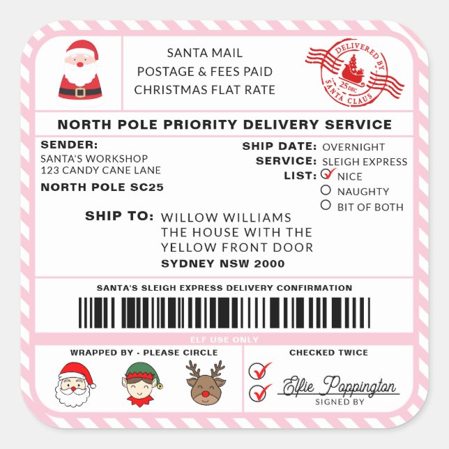 Santas Sleigh Christmas Shipping Label Sticker (Front)