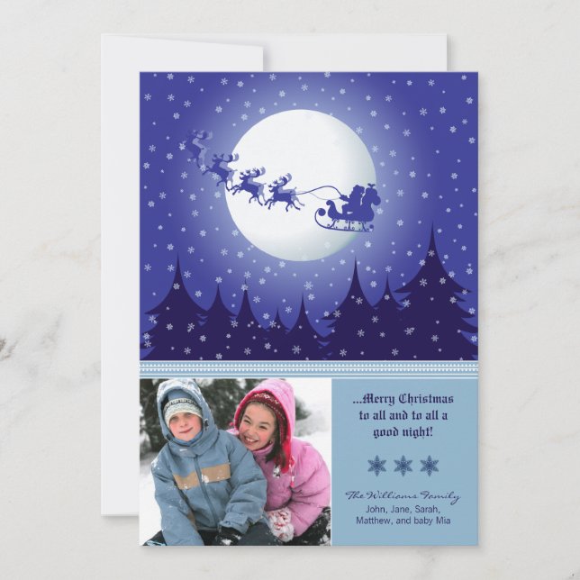 Santa's Sleigh Custom Family Holiday Card (blue) (Front)