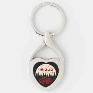 Santa's Sleigh Merry Christmas Forest Scene Art" Key Ring