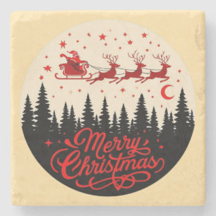 Santa's Sleigh Merry Christmas Forest Scene Art Stone Coaster