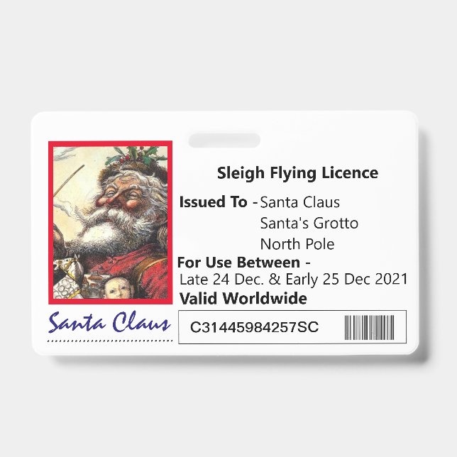 Santa's Sleigh Novelty Licence For Kids Badge ID Badge (Front)
