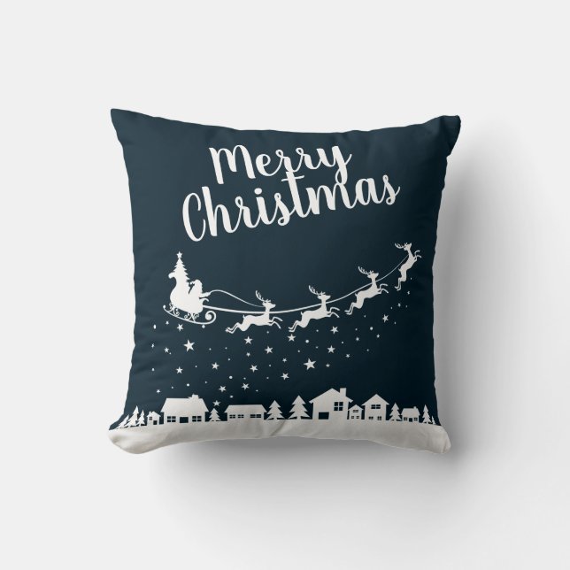 Santa's sleigh & reindeers flying above the city cushion (Front)